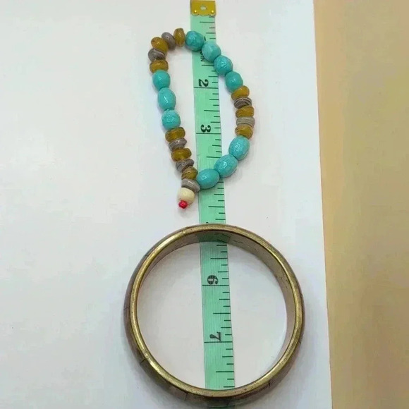 Gara Danielle Brass & Wood Look Bangle Bracelet & Turquoise Bead Bracelet Set - Picture 4 of 5